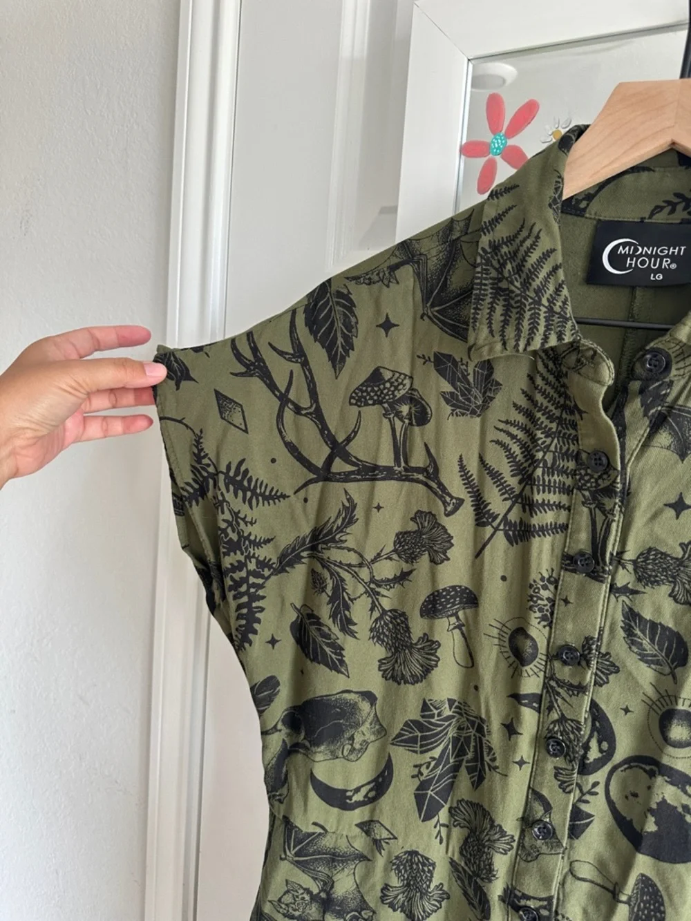 Crescent Moon Olive Green Button-Front Shirt Dress by Midnight Hour - Picture 5 of 9